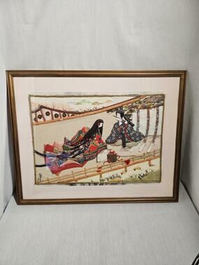 Japanese Oshie Fabric Art - 2 Geishas - Signed By Shikiko - Framed 21"x30"